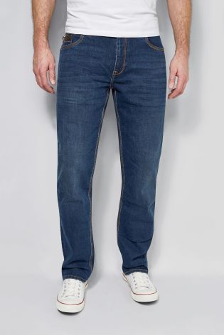 Mid Blue Straight Jeans With Leather Trim